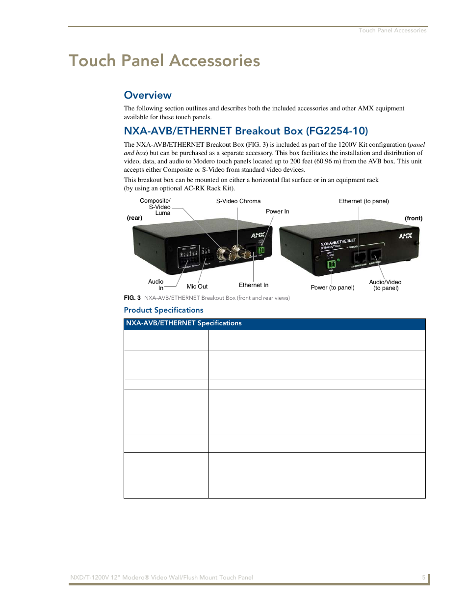 Touch panel accessories, Overview, Nxa-avb/ethernet breakout box (fg2254-10) | Product specifications | AMX Modero NXT-1200V User Manual | Page 17 / 178