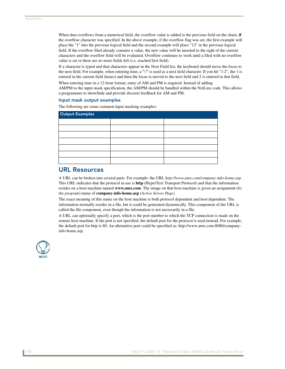 Input mask output examples, Url resources | AMX Modero NXT-1200V User Manual | Page 170 / 178