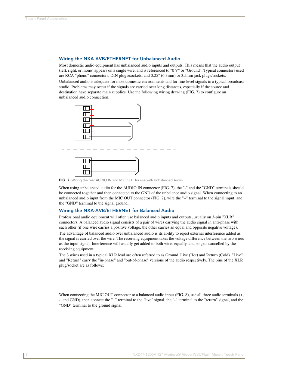 Wiring the nxa-avb/ethernet for unbalanced audio, Wiring the nxa-avb/ethernet for balanced audio | AMX Modero NXT-1200V User Manual | Page 20 / 178