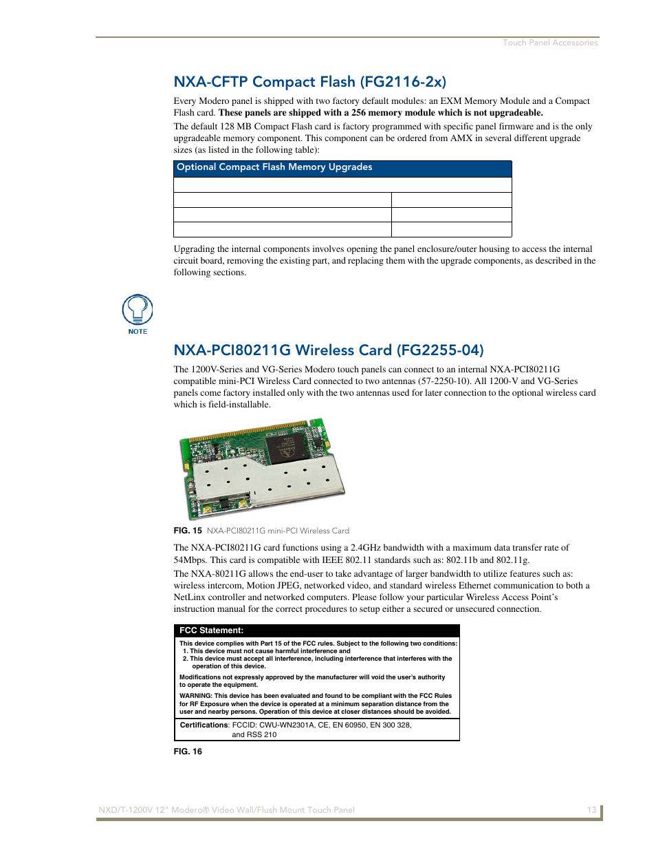 Nxa-cftp compact flash (fg2116-2x), Nxa-pci80211g wireless card (fg2255-04) | AMX Modero NXT-1200V User Manual | Page 25 / 178