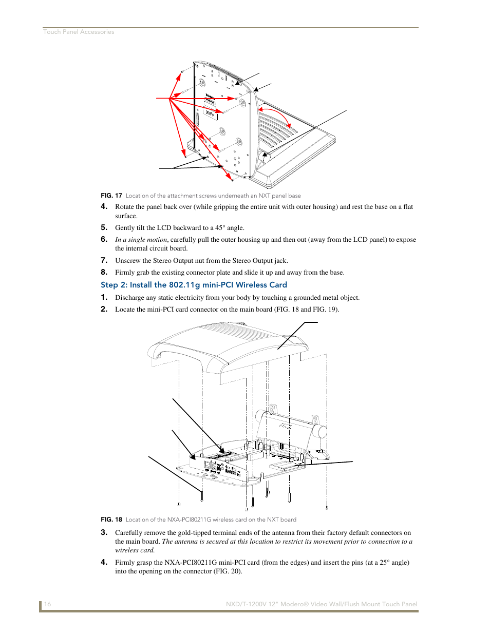 Step 2: install the 802.11g mini-pci wireless card | AMX Modero NXT-1200V User Manual | Page 28 / 178