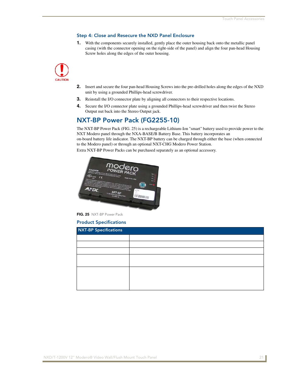 Step 4: close and resecure the nxd panel enclosure, Nxt-bp power pack (fg2255-10), Product specifications | AMX Modero NXT-1200V User Manual | Page 33 / 178