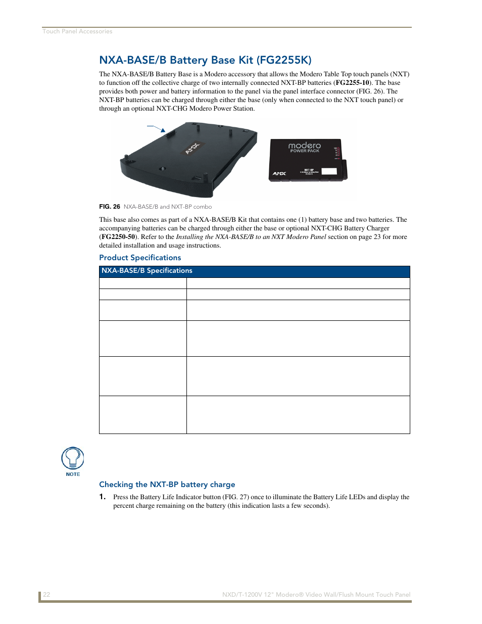 Nxa-base/b battery base kit (fg2255k), Product specifications, Checking the nxt-bp battery charge | AMX Modero NXT-1200V User Manual | Page 34 / 178