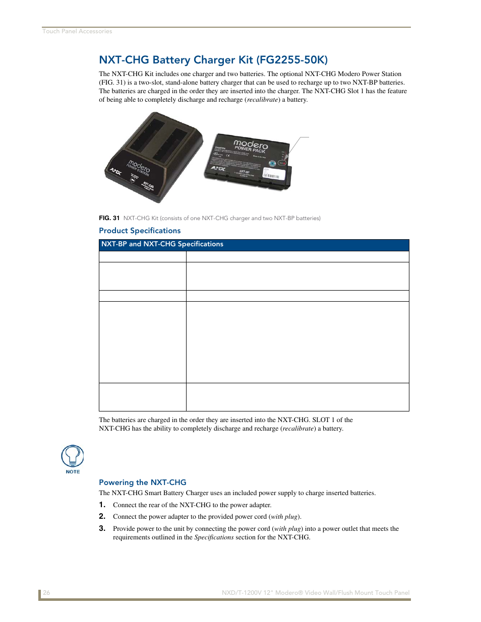 Nxt-chg battery charger kit (fg2255-50k), Product specifications, Powering the nxt-chg | AMX Modero NXT-1200V User Manual | Page 38 / 178