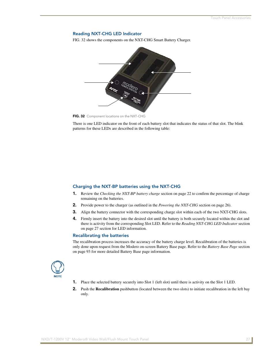 Reading nxt-chg led indicator, Charging the nxt-bp batteries using the nxt-chg, Recalibrating the batteries | AMX Modero NXT-1200V User Manual | Page 39 / 178