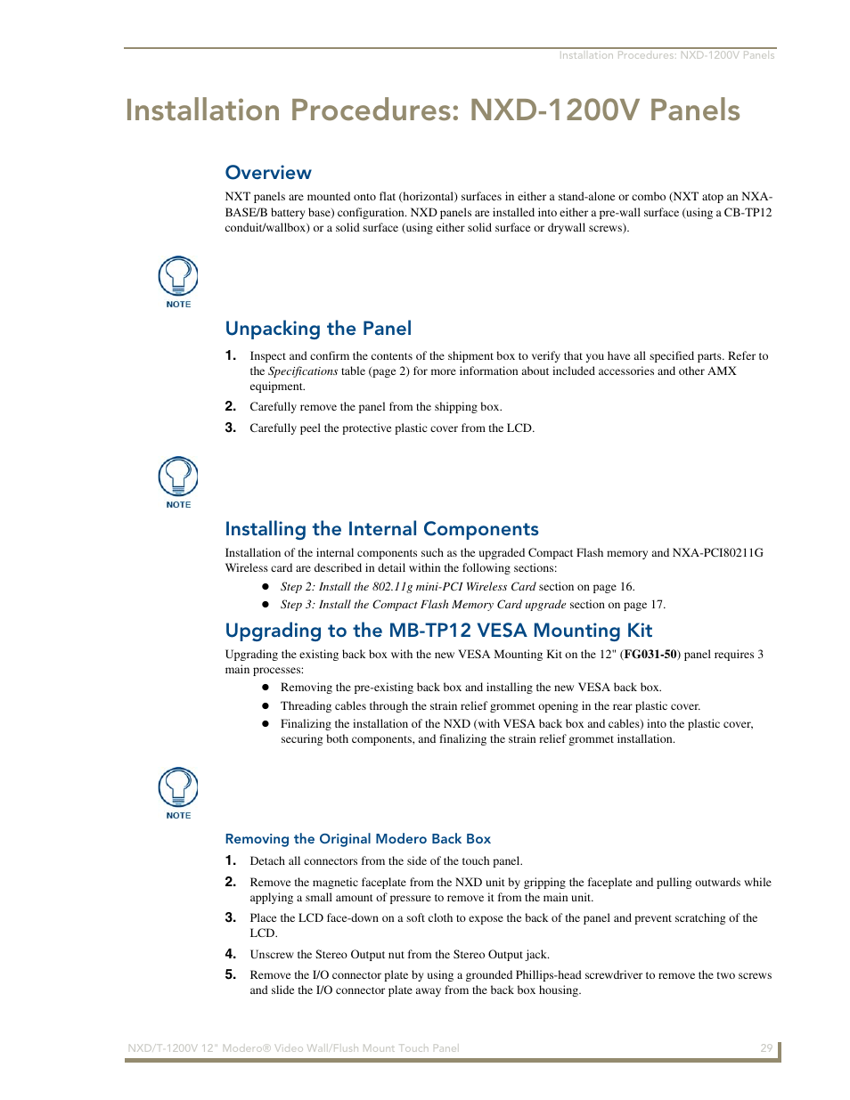 Installation procedures: nxd-1200v panels, Overview, Unpacking the panel | Installing the internal components, Upgrading to the mb-tp12 vesa mounting kit, Removing the original modero back box | AMX Modero NXT-1200V User Manual | Page 41 / 178