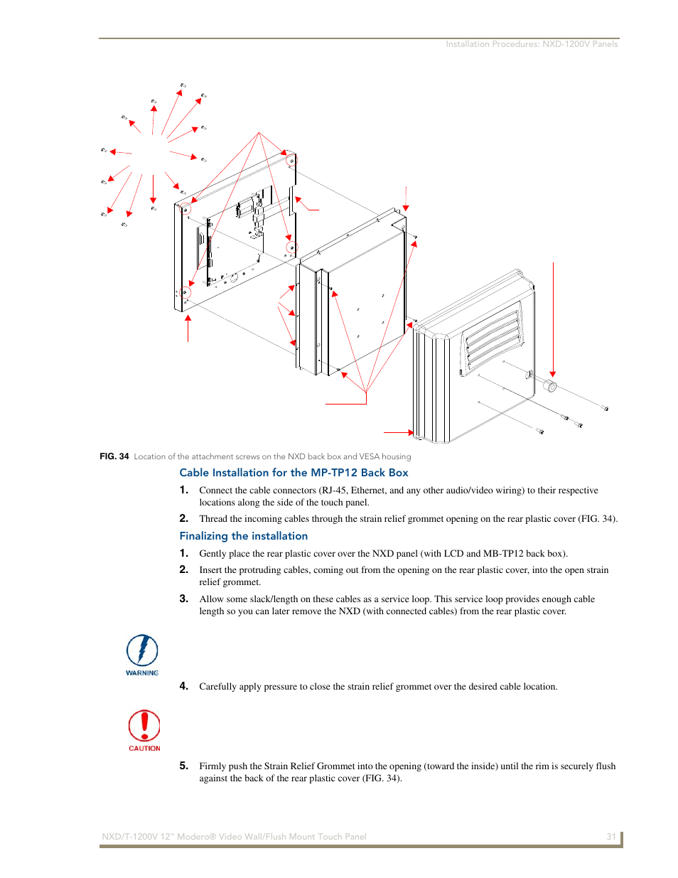 Cable installation for the mp-tp12 back box, Finalizing the installation | AMX Modero NXT-1200V User Manual | Page 43 / 178