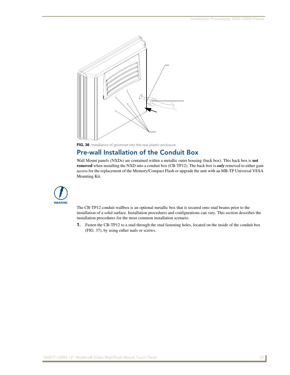 Pre-wall installation of the conduit box | AMX Modero NXT-1200V User Manual | Page 45 / 178