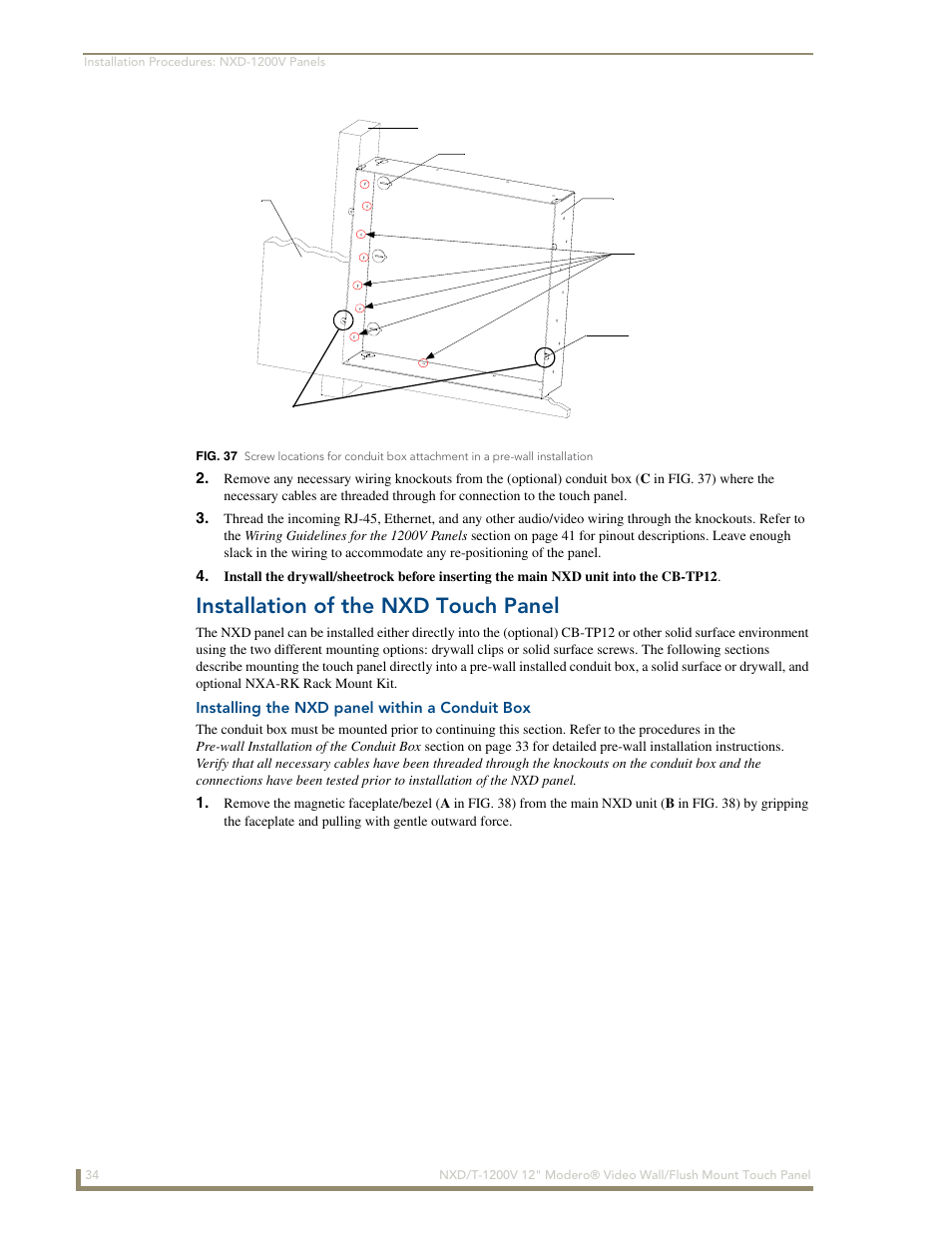 Installation of the nxd touch panel, Installing the nxd panel within a conduit box | AMX Modero NXT-1200V User Manual | Page 46 / 178