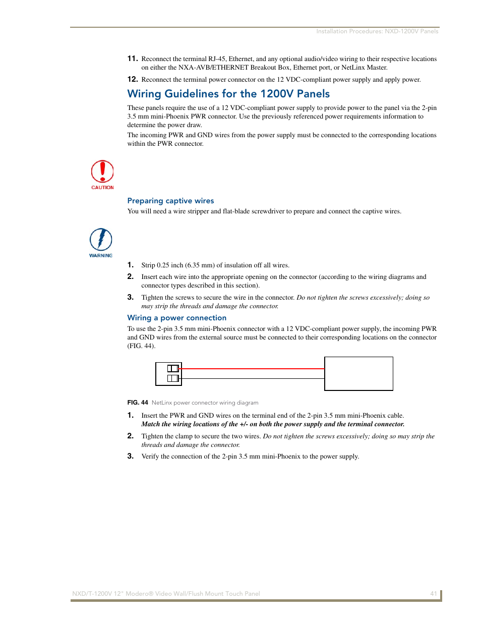 Wiring guidelines for the 1200v panels, Preparing captive wires, Wiring a power connection | AMX Modero NXT-1200V User Manual | Page 53 / 178