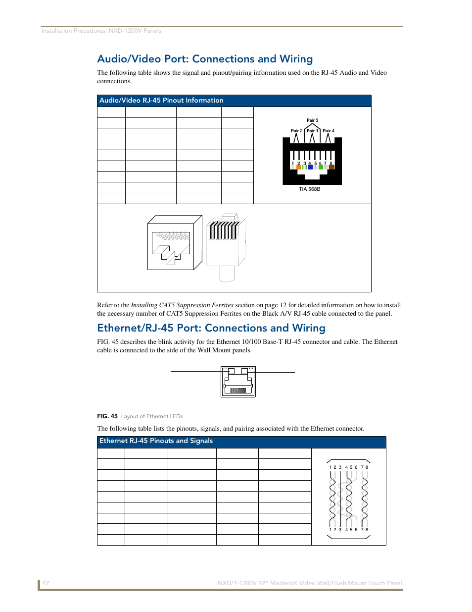 Audio/video port: connections and wiring, Ethernet/rj-45 port: connections and wiring | AMX Modero NXT-1200V User Manual | Page 54 / 178