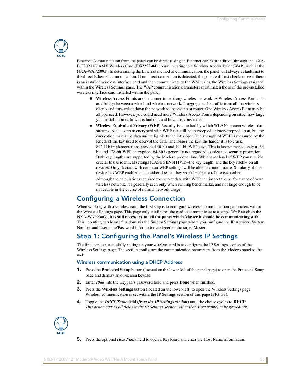 Configuring a wireless connection, Wireless communication using a dhcp address | AMX Modero NXT-1200V User Manual | Page 67 / 178