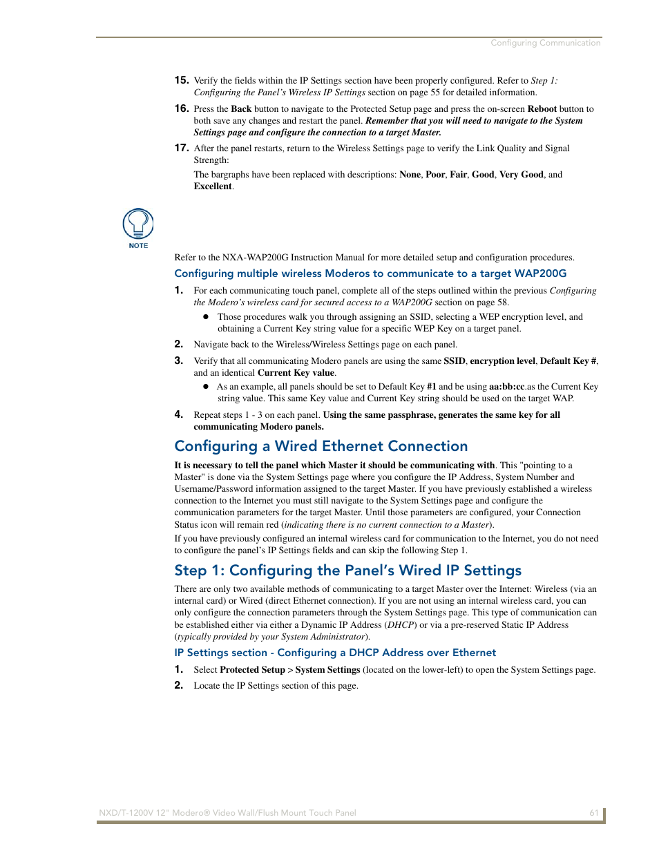 Configuring a wired ethernet connection, Step 1: configuring the panel’s wired ip settings | AMX Modero NXT-1200V User Manual | Page 73 / 178