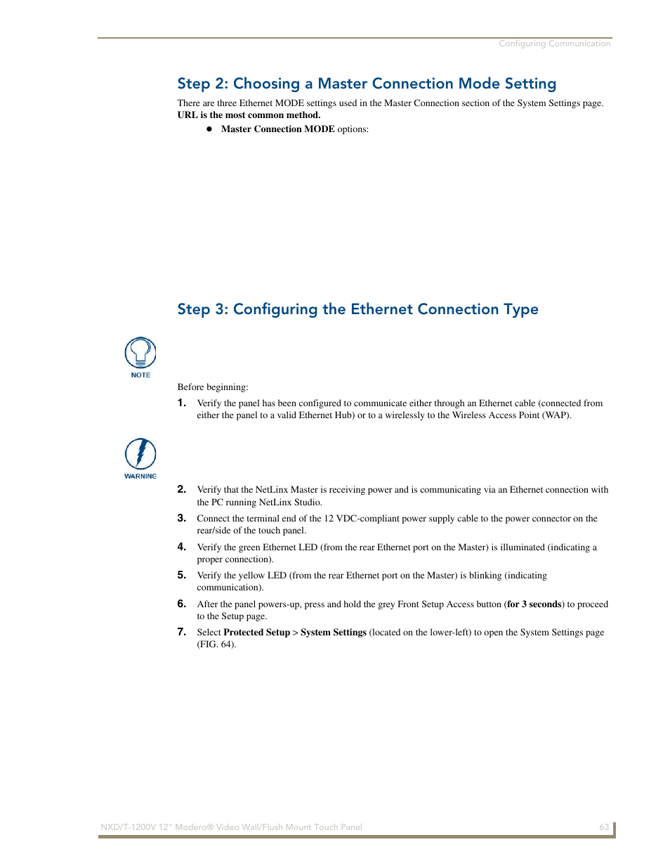 Step 2: choosing a master connection mode setting, Step 3: configuring the ethernet connection type | AMX Modero NXT-1200V User Manual | Page 75 / 178