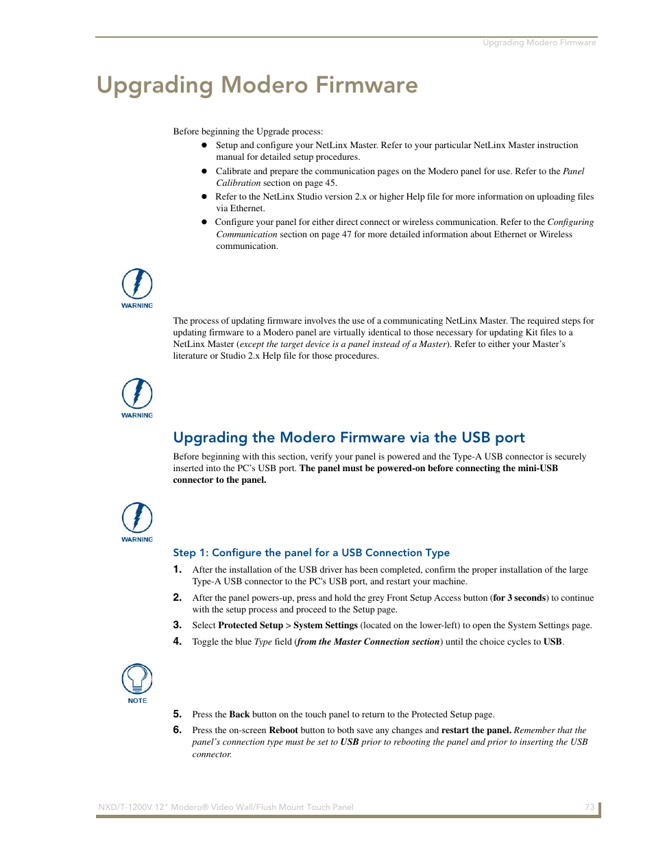 Upgrading modero firmware, Upgrading the modero firmware via the usb port | AMX Modero NXT-1200V User Manual | Page 85 / 178