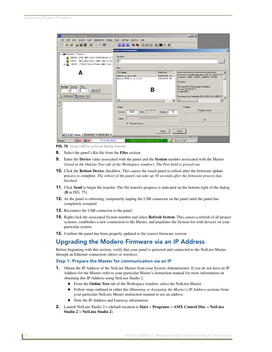 Upgrading the modero firmware via an ip address, Fig. 75). v, In fig. 75) | AMX Modero NXT-1200V User Manual | Page 88 / 178