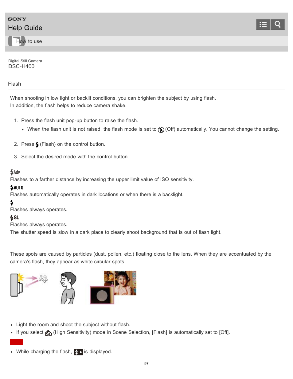 Flash, Help guide | Sony DSC-H400 User Manual | Page 101 / 238