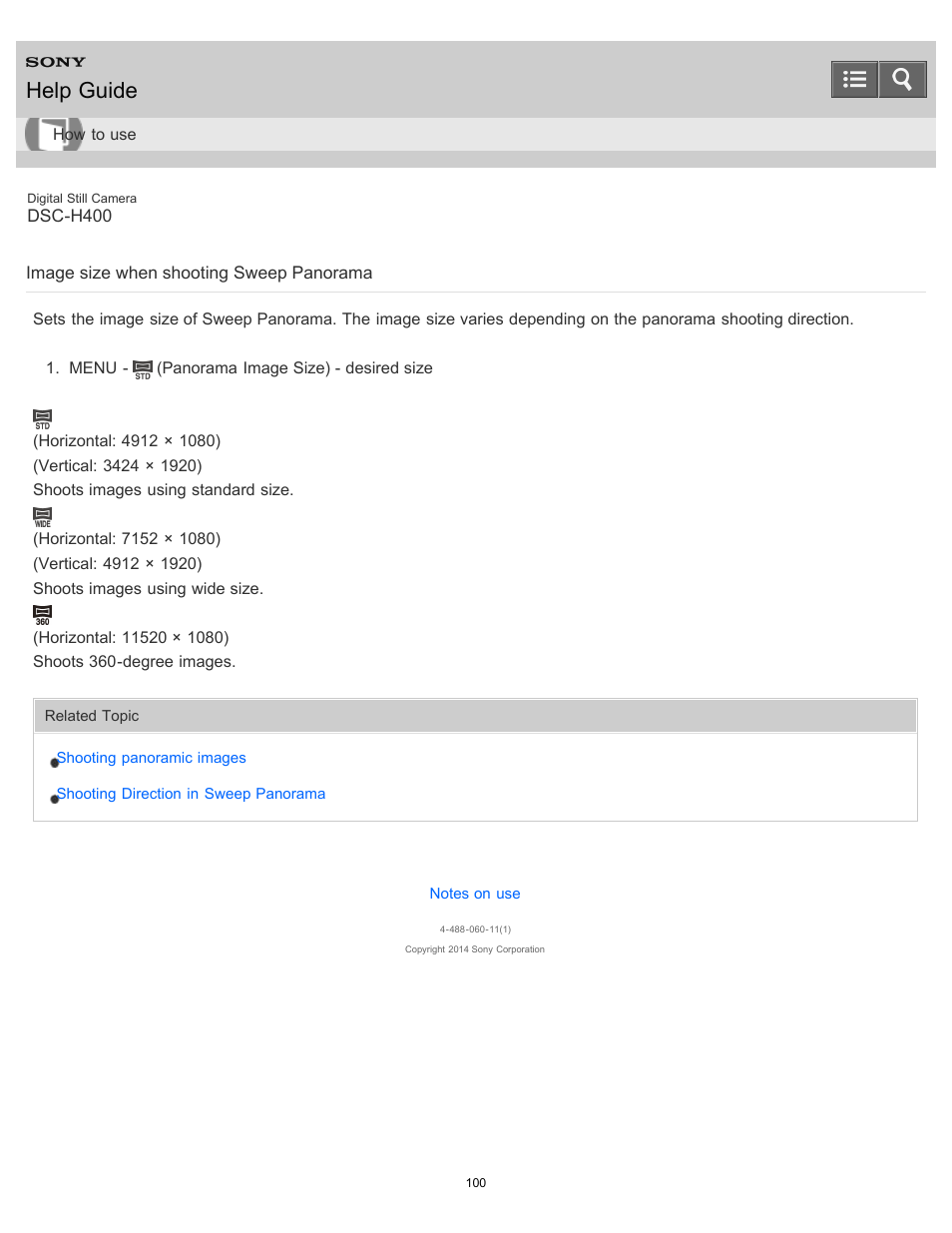 Image size when shooting sweep panorama, Help guide | Sony DSC-H400 User Manual | Page 104 / 238