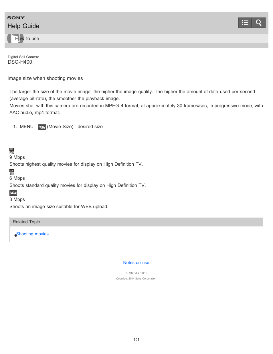 Image size when shooting movies, Help guide | Sony DSC-H400 User Manual | Page 105 / 238