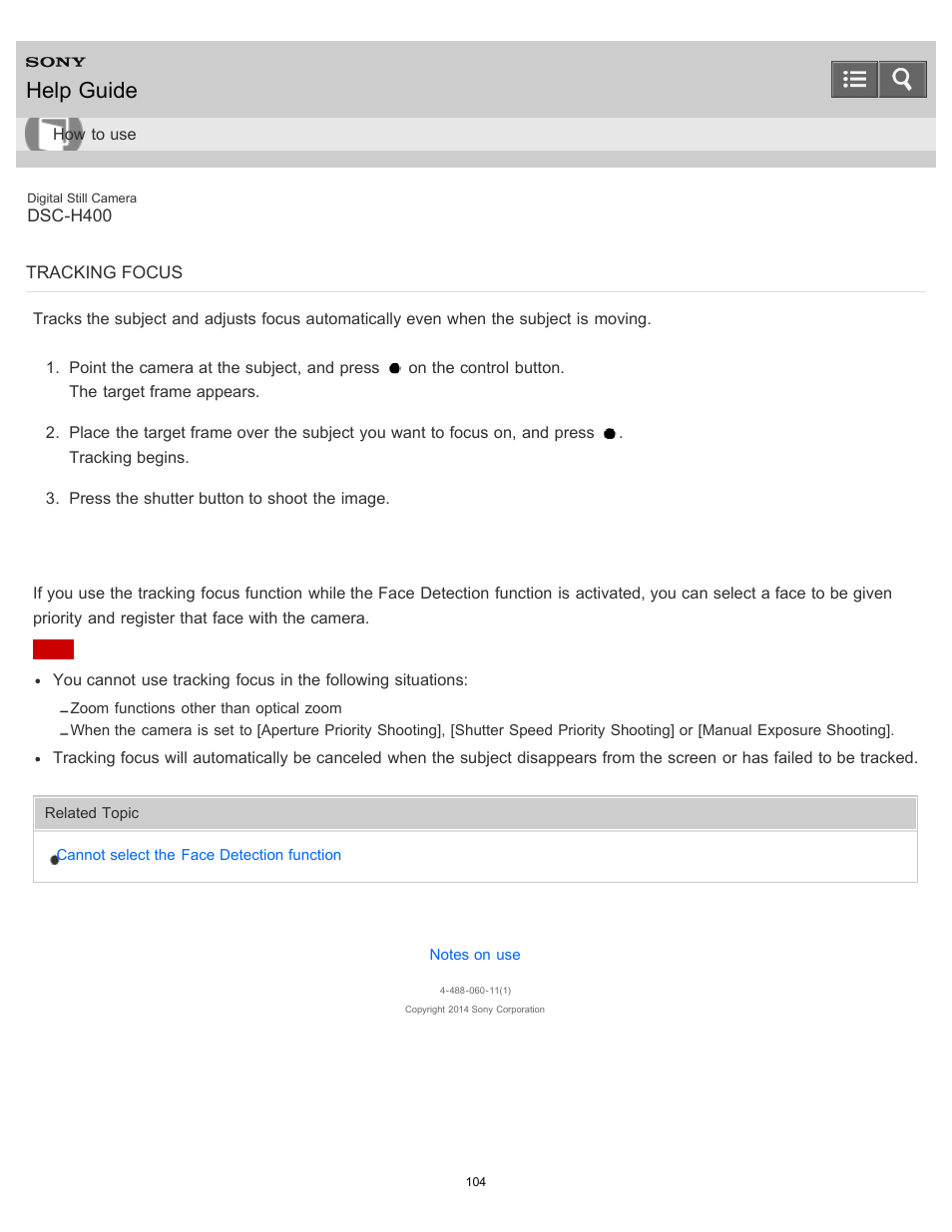 Tracking focus, Help guide | Sony DSC-H400 User Manual | Page 108 / 238
