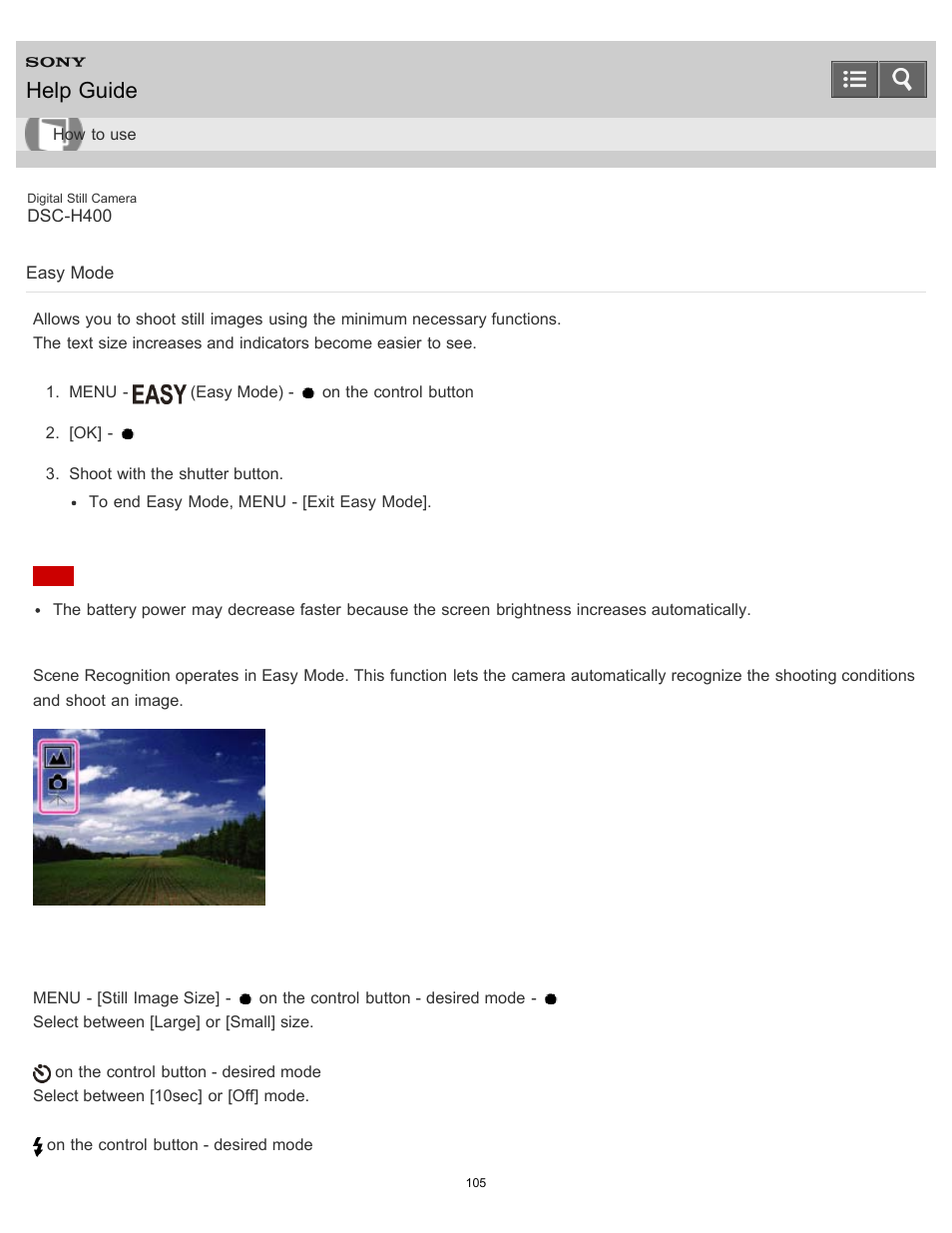 Easy mode, Help guide | Sony DSC-H400 User Manual | Page 109 / 238