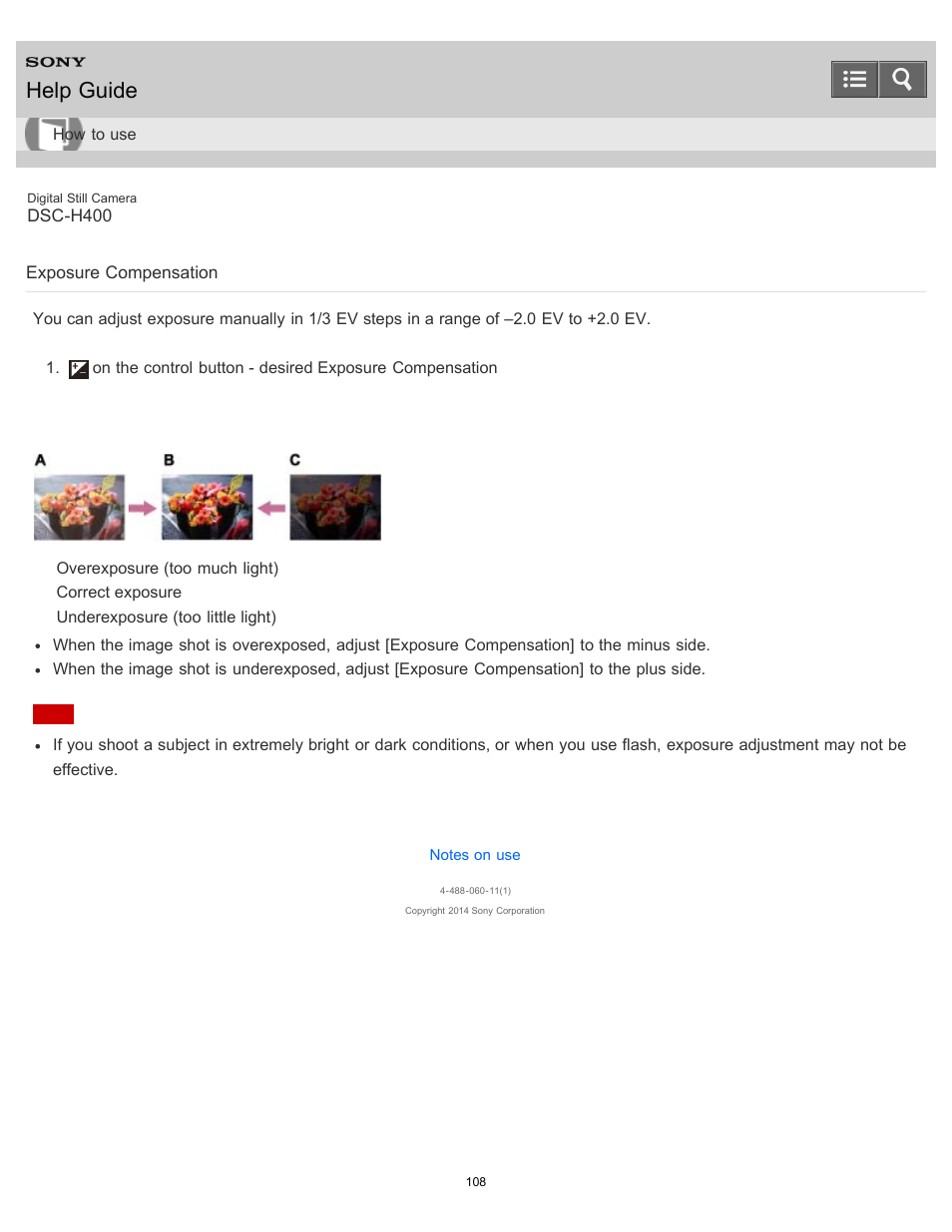 Exposure compensation, Help guide | Sony DSC-H400 User Manual | Page 112 / 238