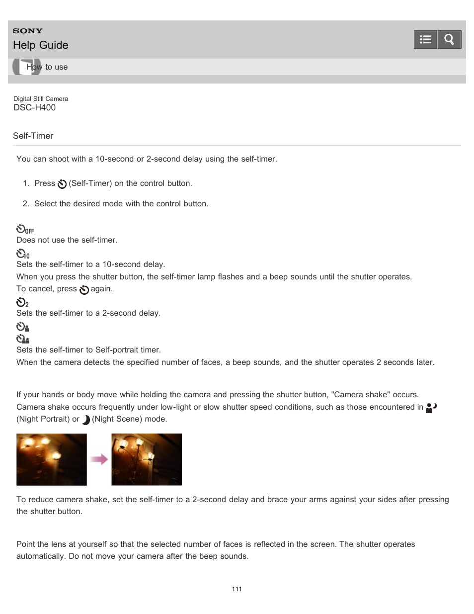 Self-timer, Help guide | Sony DSC-H400 User Manual | Page 115 / 238