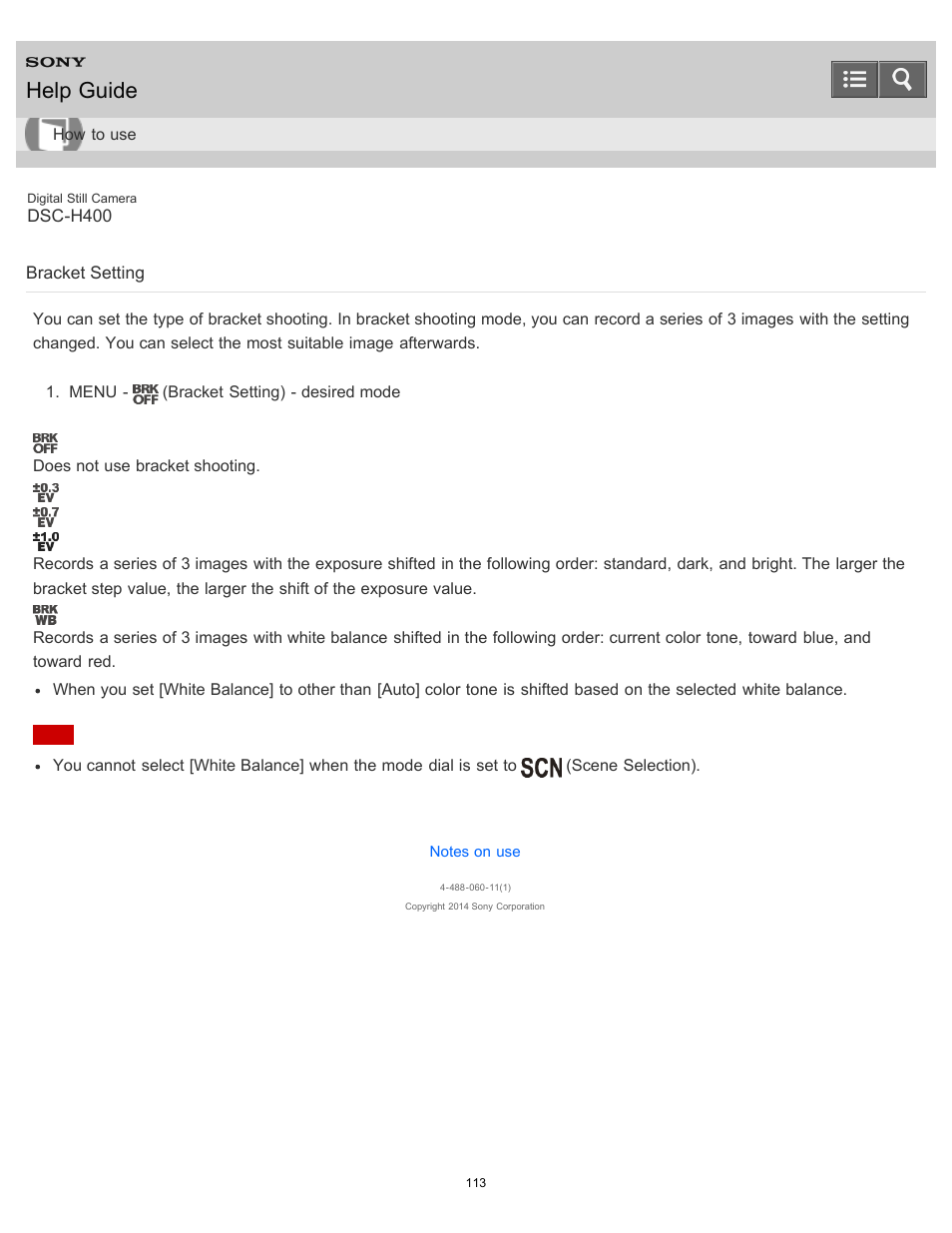 Bracket setting, Help guide | Sony DSC-H400 User Manual | Page 117 / 238
