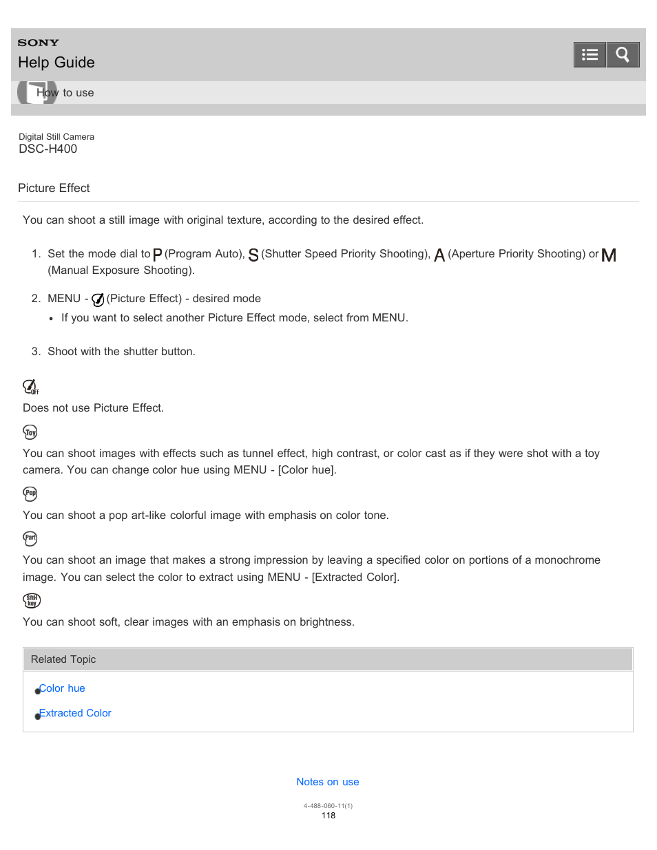 Picture effect, Help guide | Sony DSC-H400 User Manual | Page 122 / 238