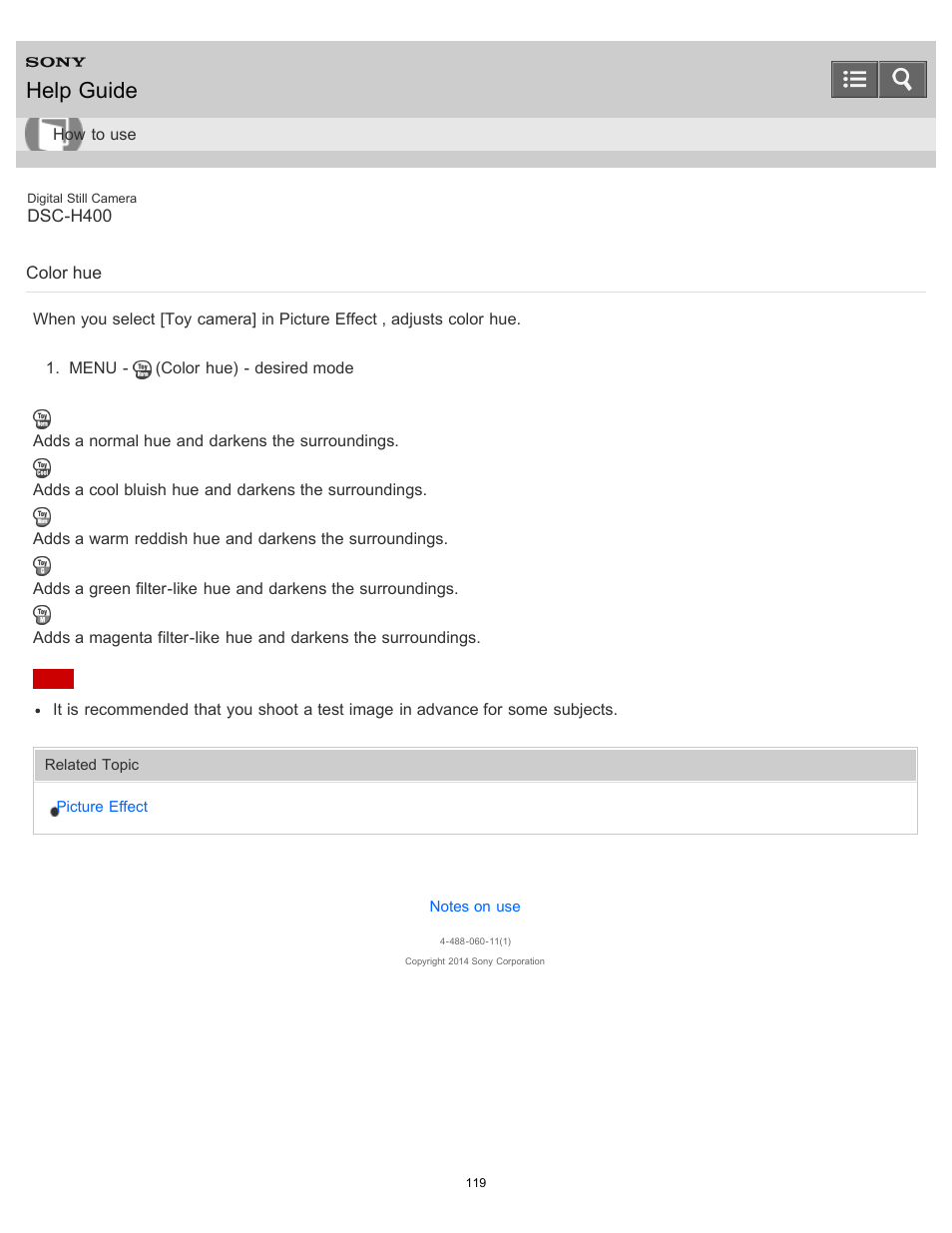 Color hue, Help guide | Sony DSC-H400 User Manual | Page 123 / 238
