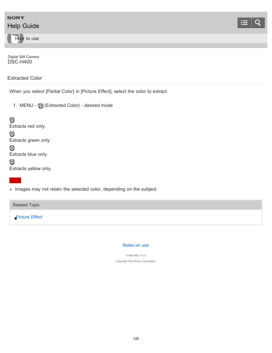 Extracted color, Help guide | Sony DSC-H400 User Manual | Page 124 / 238