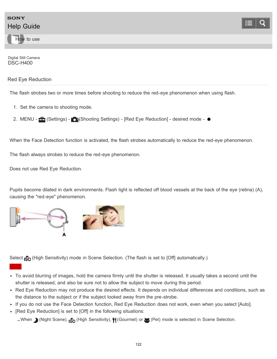 Red eye reduction, Help guide | Sony DSC-H400 User Manual | Page 126 / 238