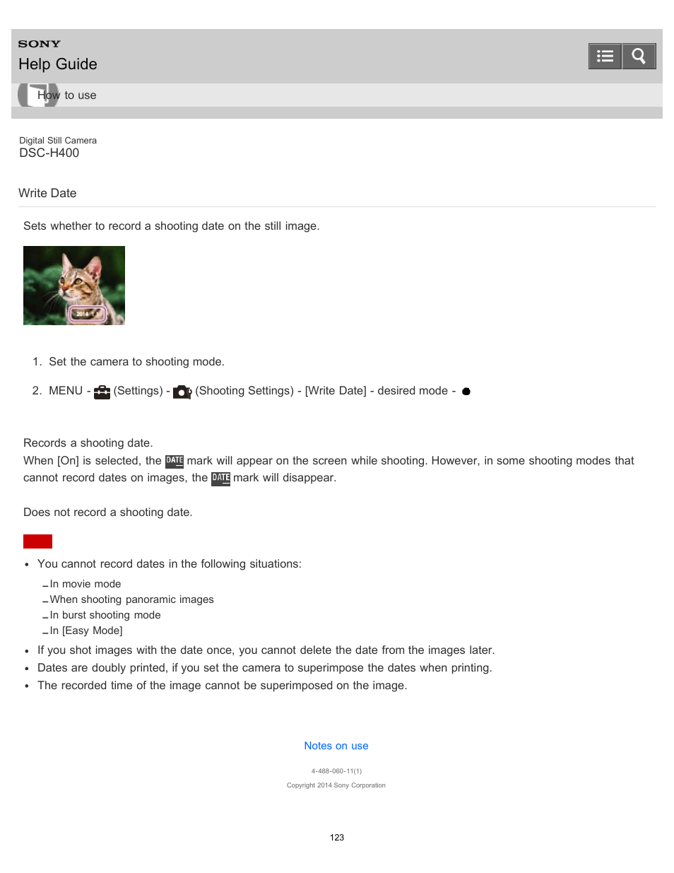Write date, Help guide | Sony DSC-H400 User Manual | Page 127 / 238