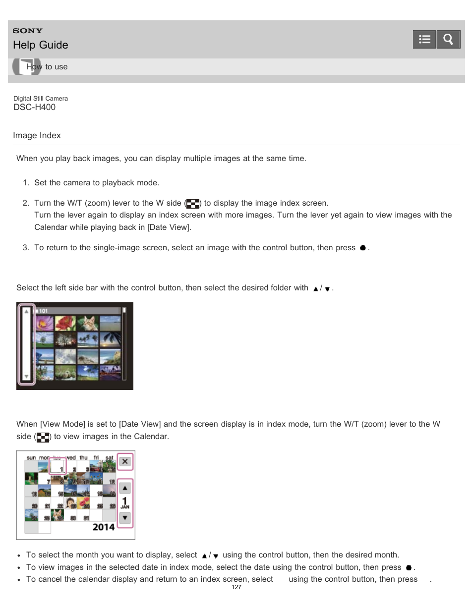 Image index, Help guide | Sony DSC-H400 User Manual | Page 131 / 238