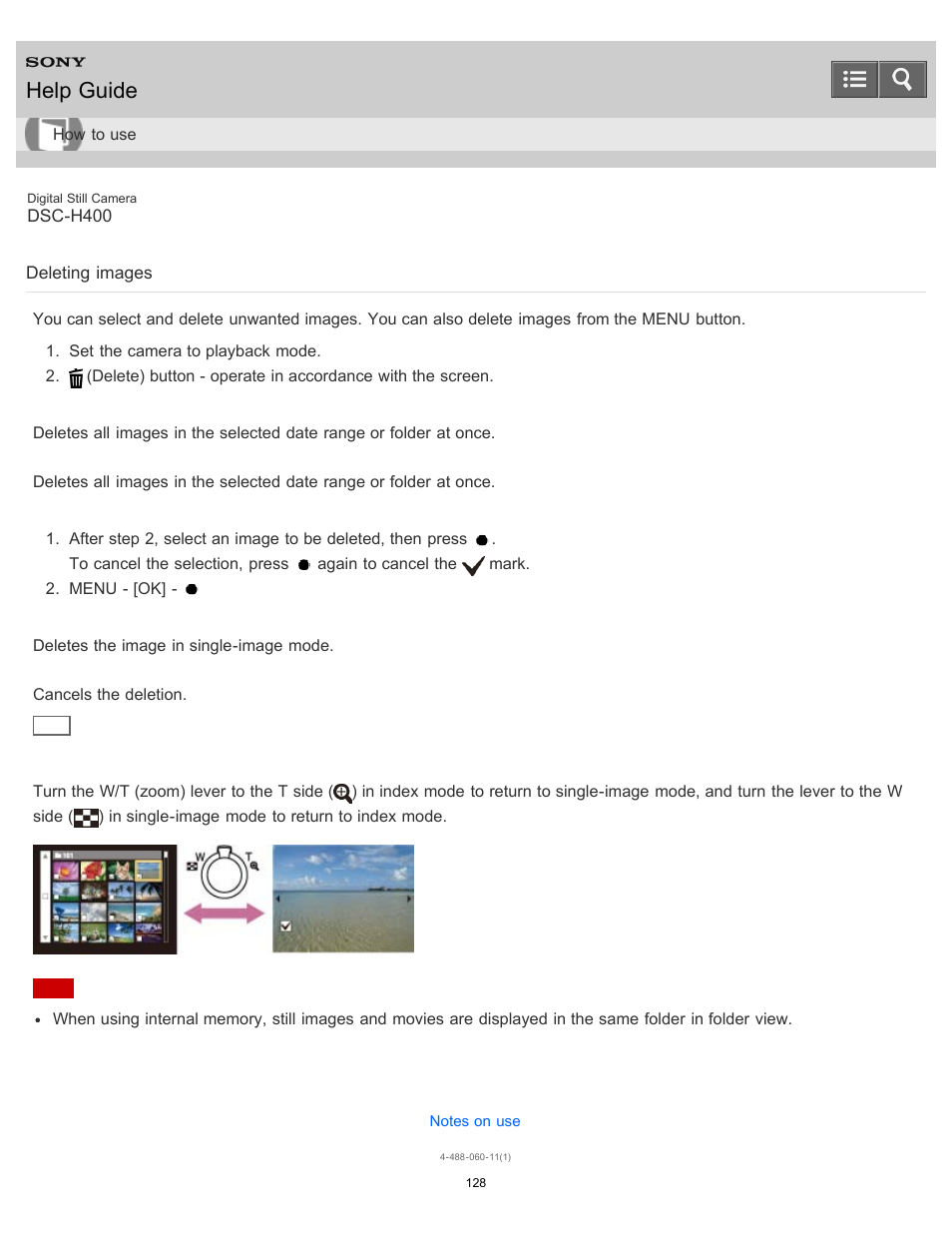 Deleting images, Help guide | Sony DSC-H400 User Manual | Page 132 / 238