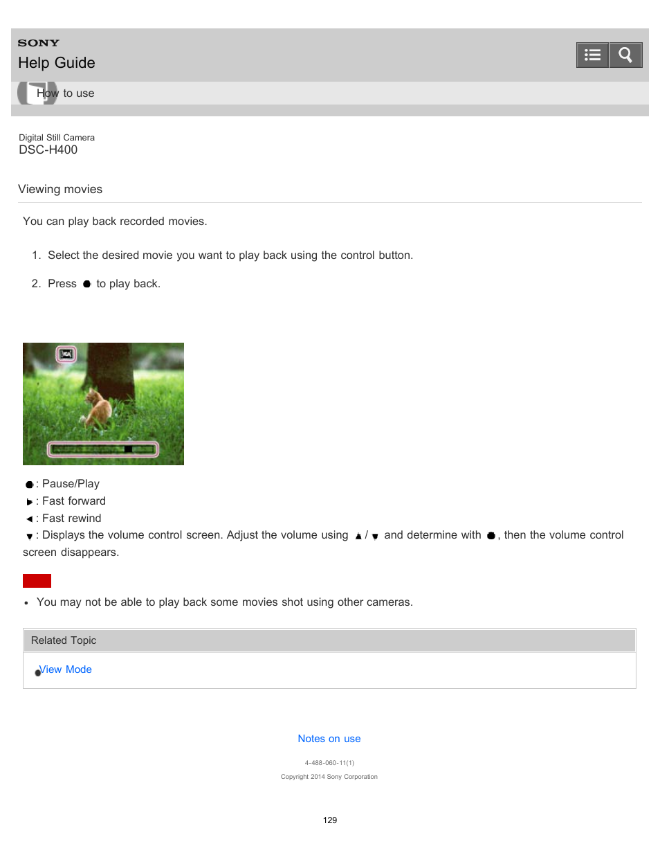 Viewing movies, Help guide | Sony DSC-H400 User Manual | Page 133 / 238