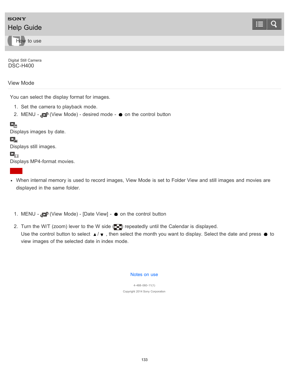 View mode, You can select the display format for images, Help guide | Sony DSC-H400 User Manual | Page 137 / 238