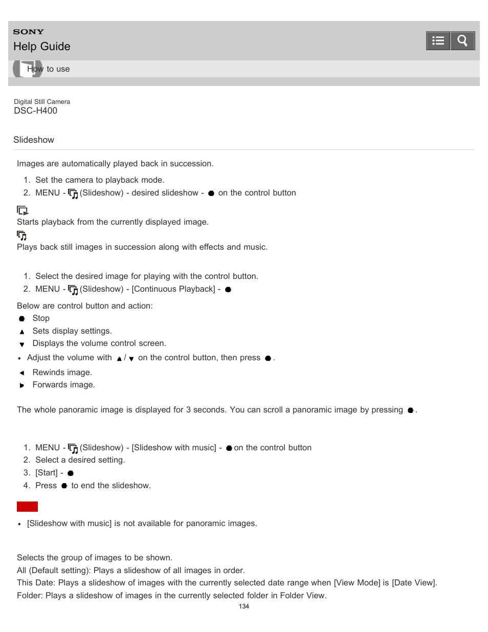 Slideshow, Images are automatically played back in succession, Help guide | Sony DSC-H400 User Manual | Page 138 / 238