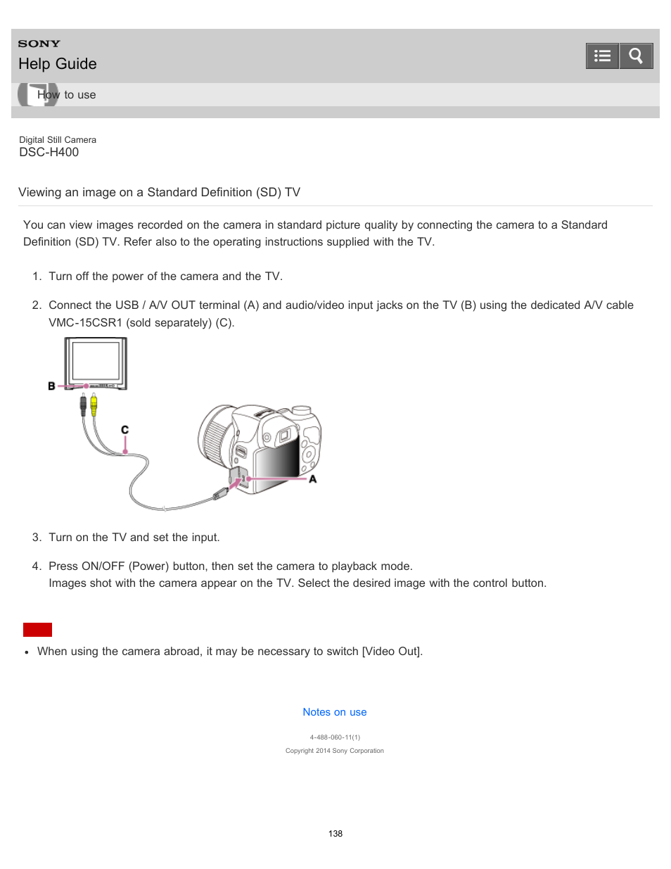 Viewing an image on a standard definition (sd) tv, Help guide | Sony DSC-H400 User Manual | Page 142 / 238
