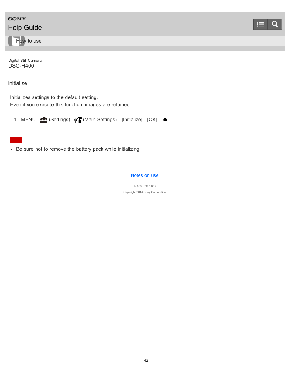 Initialize, Initializes settings to the default setting, Help guide | Sony DSC-H400 User Manual | Page 147 / 238