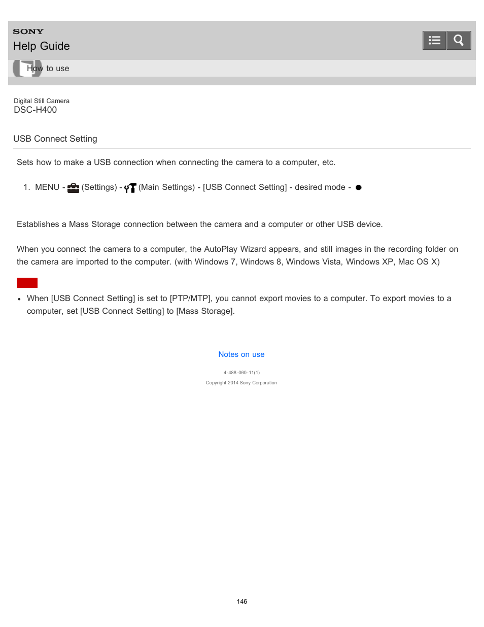 Usb connect setting, Help guide | Sony DSC-H400 User Manual | Page 150 / 238