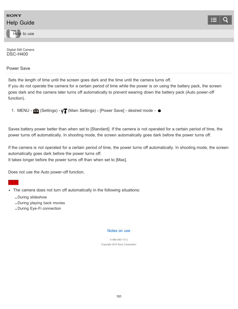 Power save, Help guide | Sony DSC-H400 User Manual | Page 155 / 238