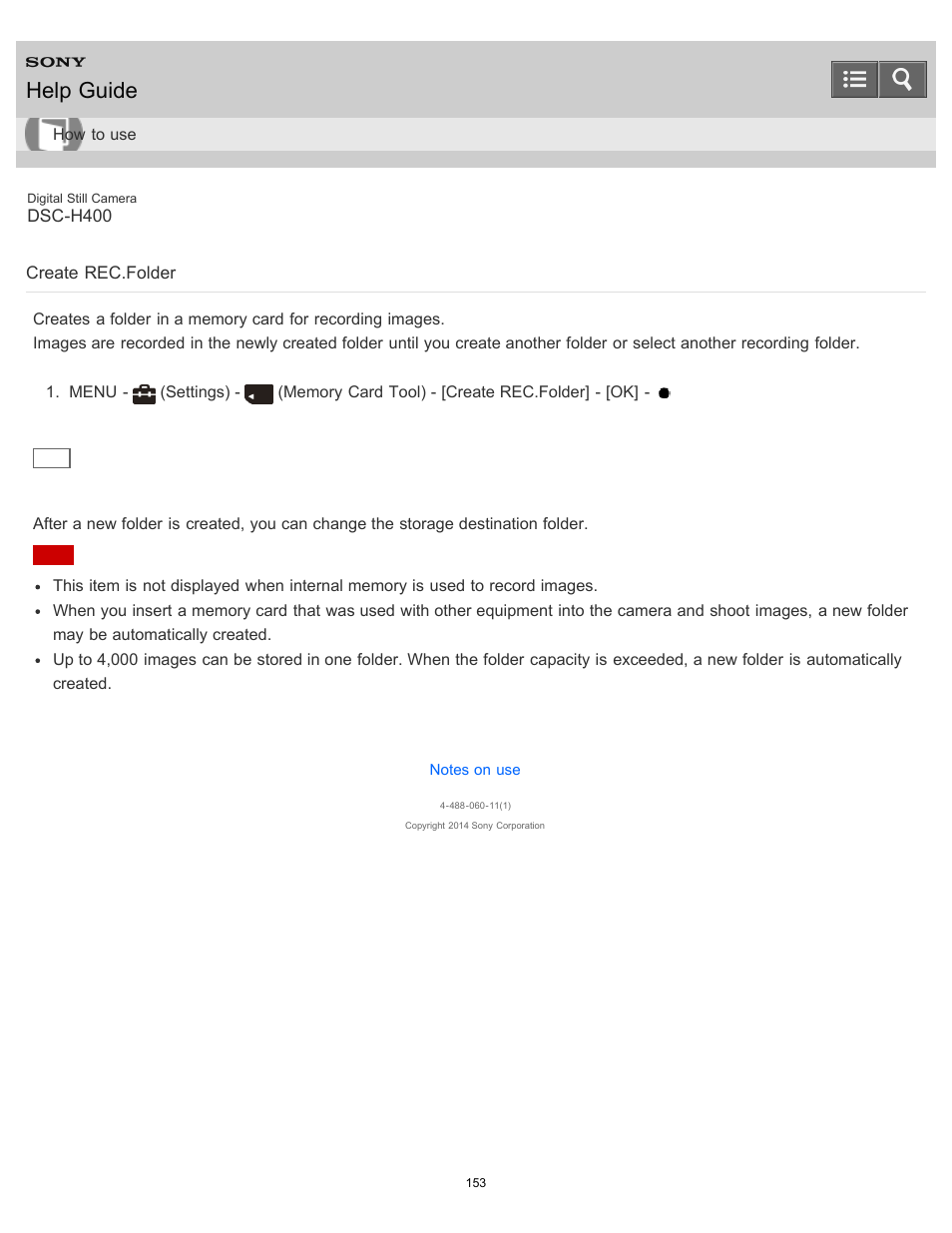 Create rec.folder, Help guide | Sony DSC-H400 User Manual | Page 157 / 238