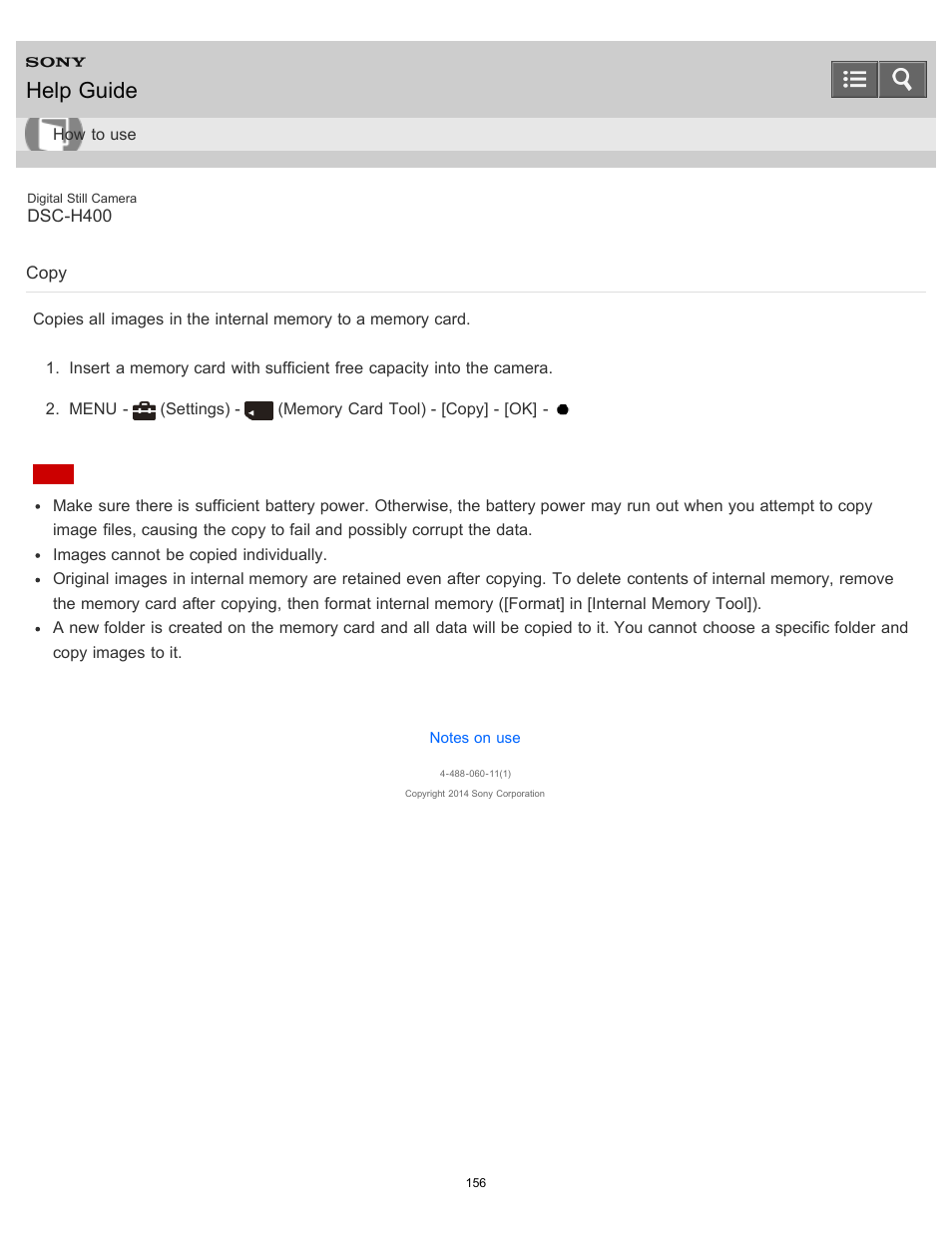 Copy, Help guide | Sony DSC-H400 User Manual | Page 160 / 238