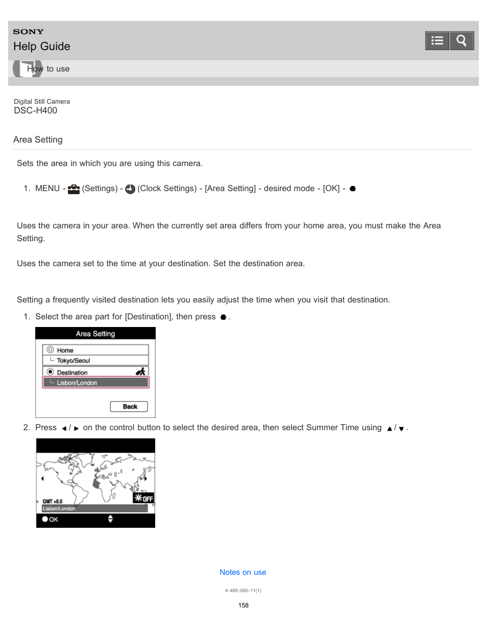 Area setting, Sets the area in which you are using this camera, Help guide | Sony DSC-H400 User Manual | Page 162 / 238