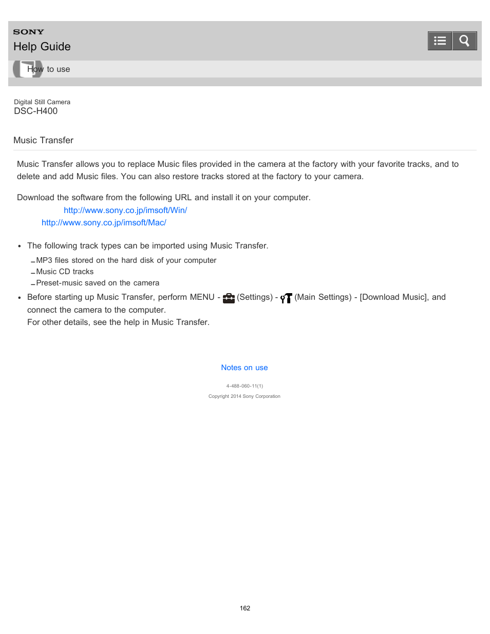 Music transfer, Help guide | Sony DSC-H400 User Manual | Page 166 / 238