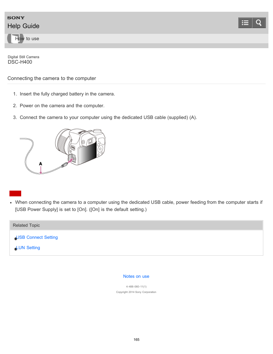 Connecting the camera to the computer, Help guide | Sony DSC-H400 User Manual | Page 169 / 238