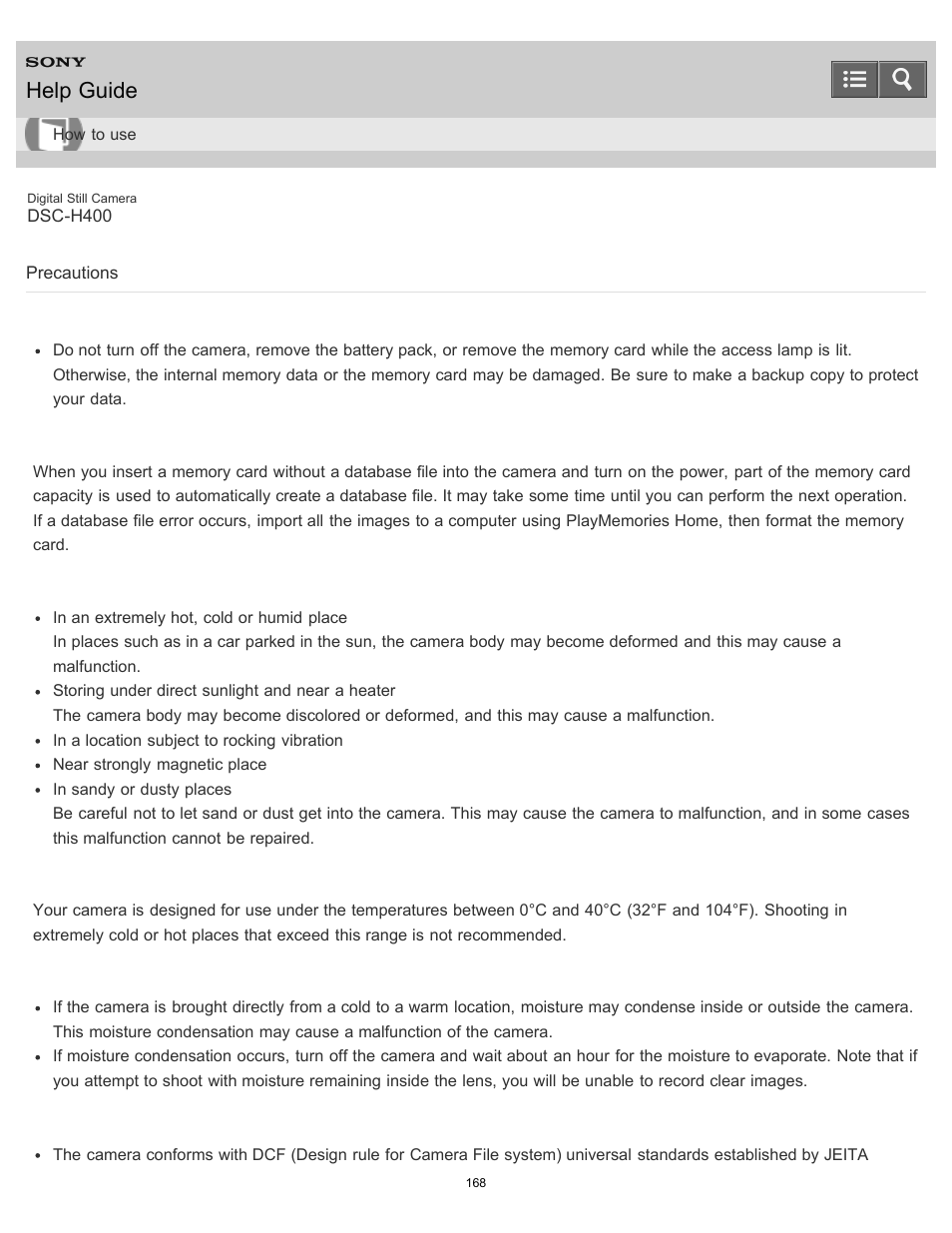 Precautions, Help guide | Sony DSC-H400 User Manual | Page 172 / 238