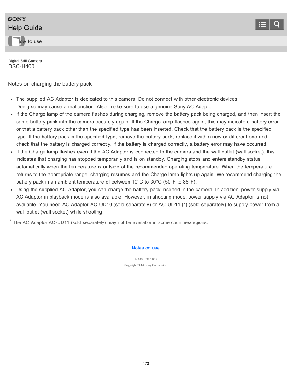 Notes on charging the battery pack, Help guide | Sony DSC-H400 User Manual | Page 177 / 238