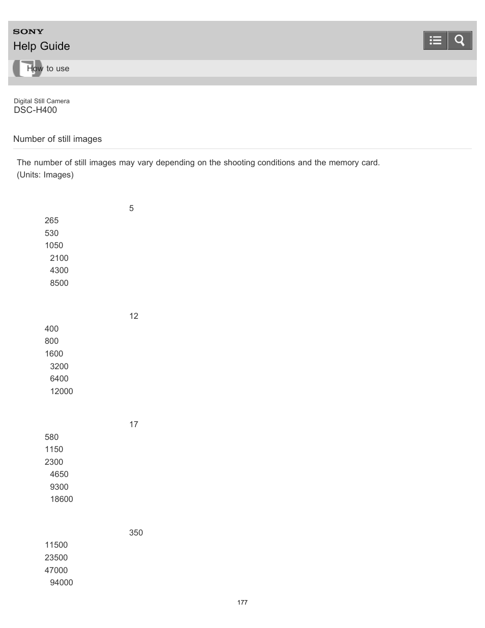 Number of still images, Help guide | Sony DSC-H400 User Manual | Page 181 / 238